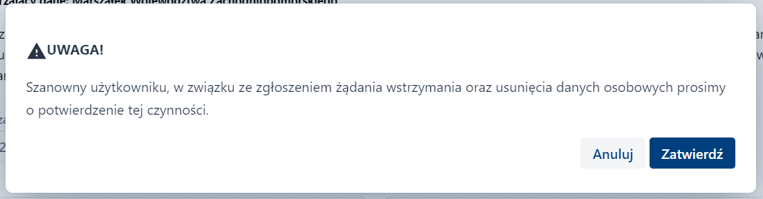 Okno modalne – prośba o potwierdzenie żądania