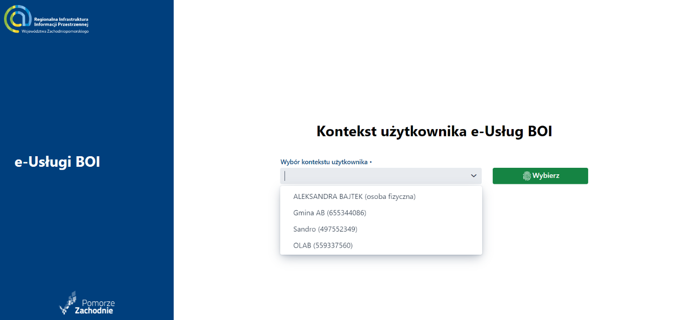 Wybór kontekstu użytkownika