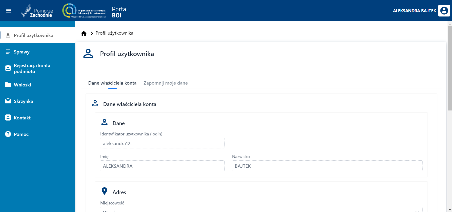 Portal BOI – profil użytkownika