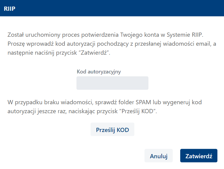 Okno umożliwiające wpisanie kodu autoryzacji