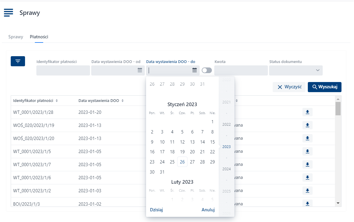 Płatności - Filtry - wbudowany kalendarz