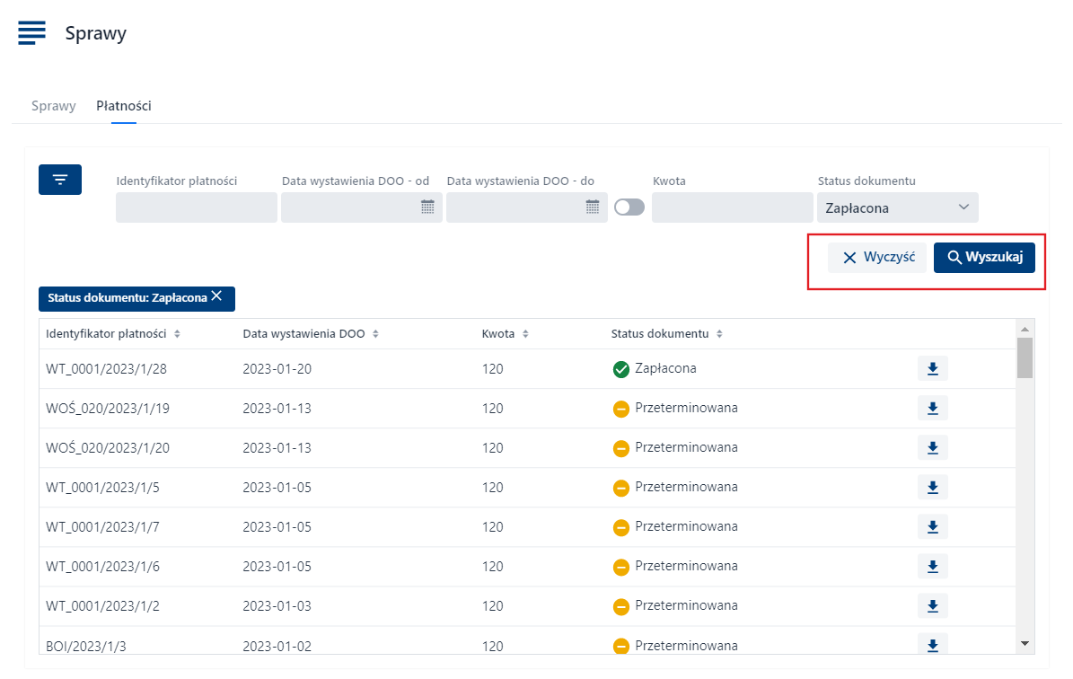 Płatności - Filtry - zatwierdzanie/czyszczenie