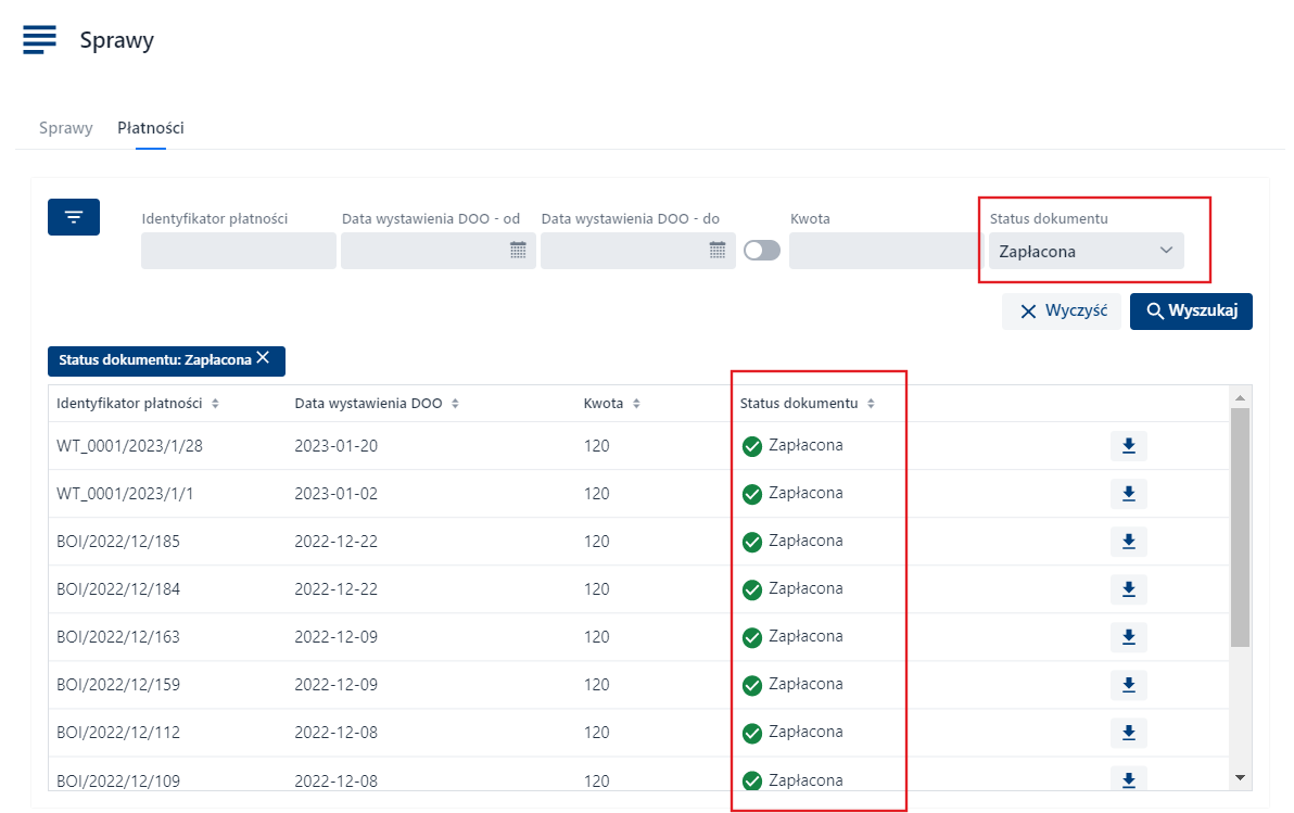 Płatności - Filtry – status dokumentu