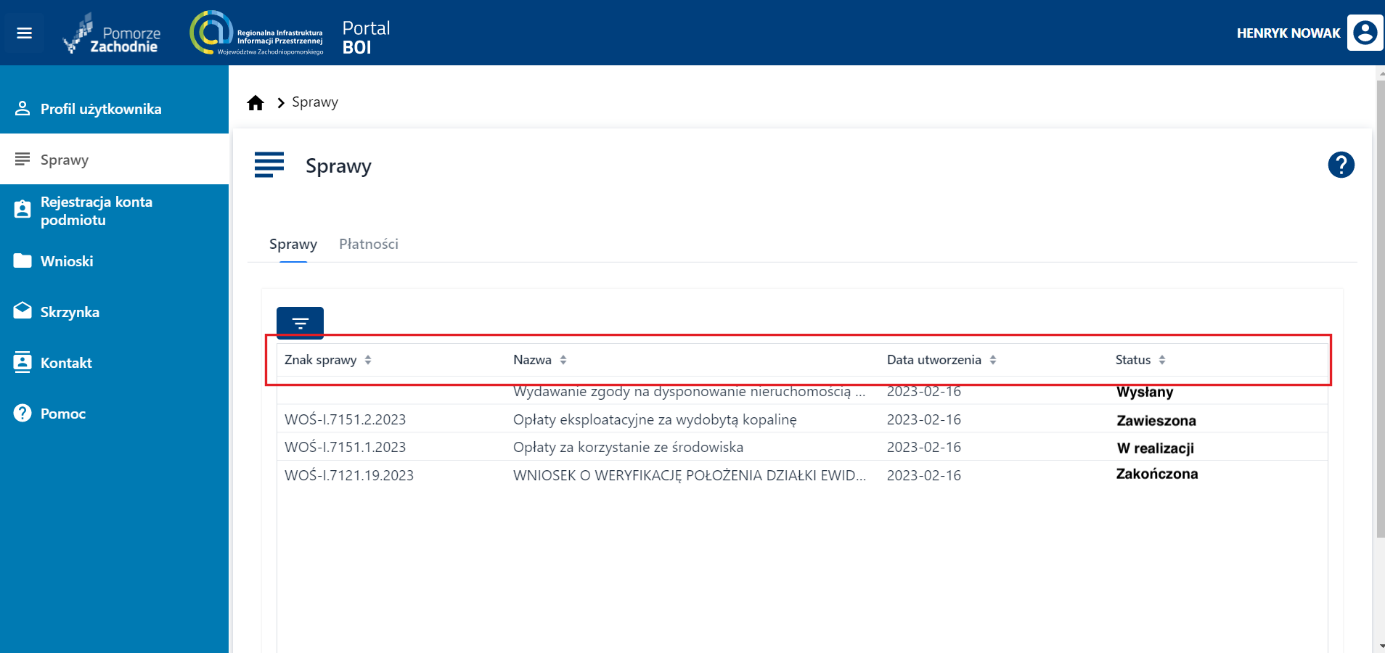 Zamówienia - nazwy kolumn