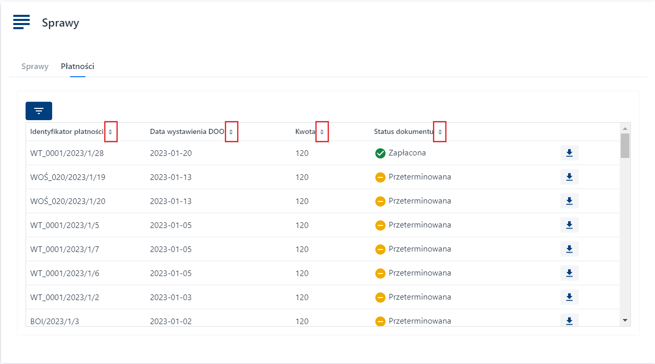 Płatności - Sortowanie poszczególnych kolumn