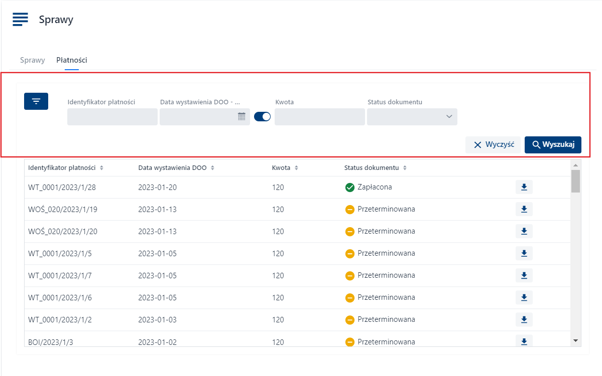 Płatności - filtry