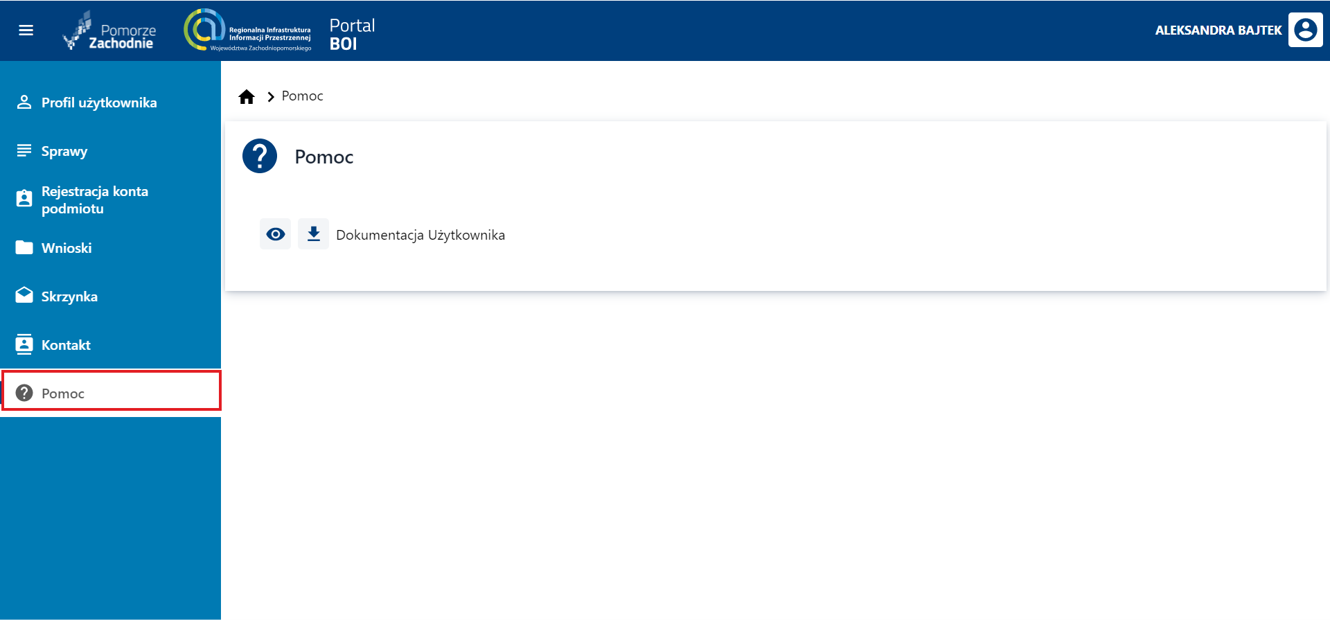 Pomoc – wybór zakładki