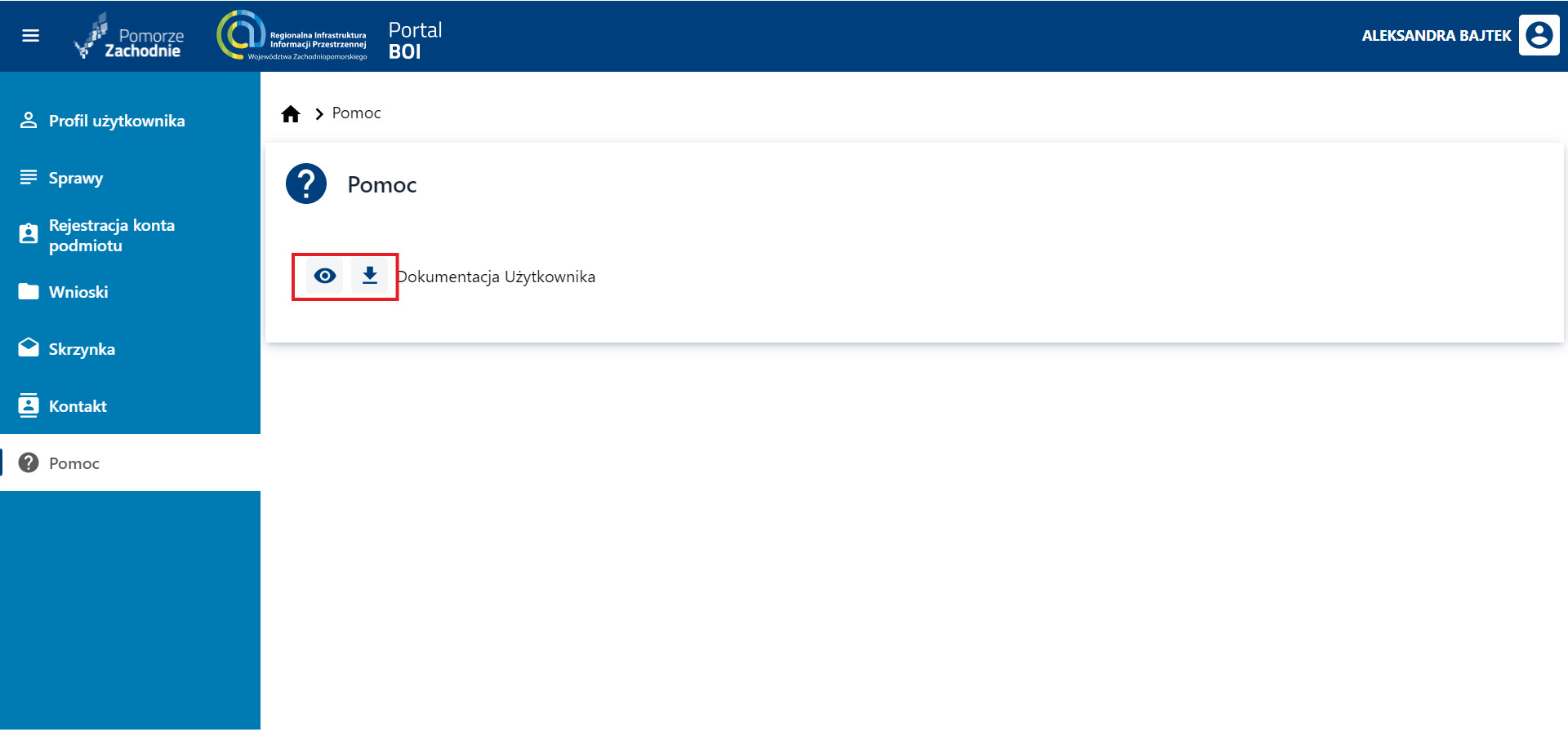 Pomoc – podgląd/pobranie instrukcji pomocy