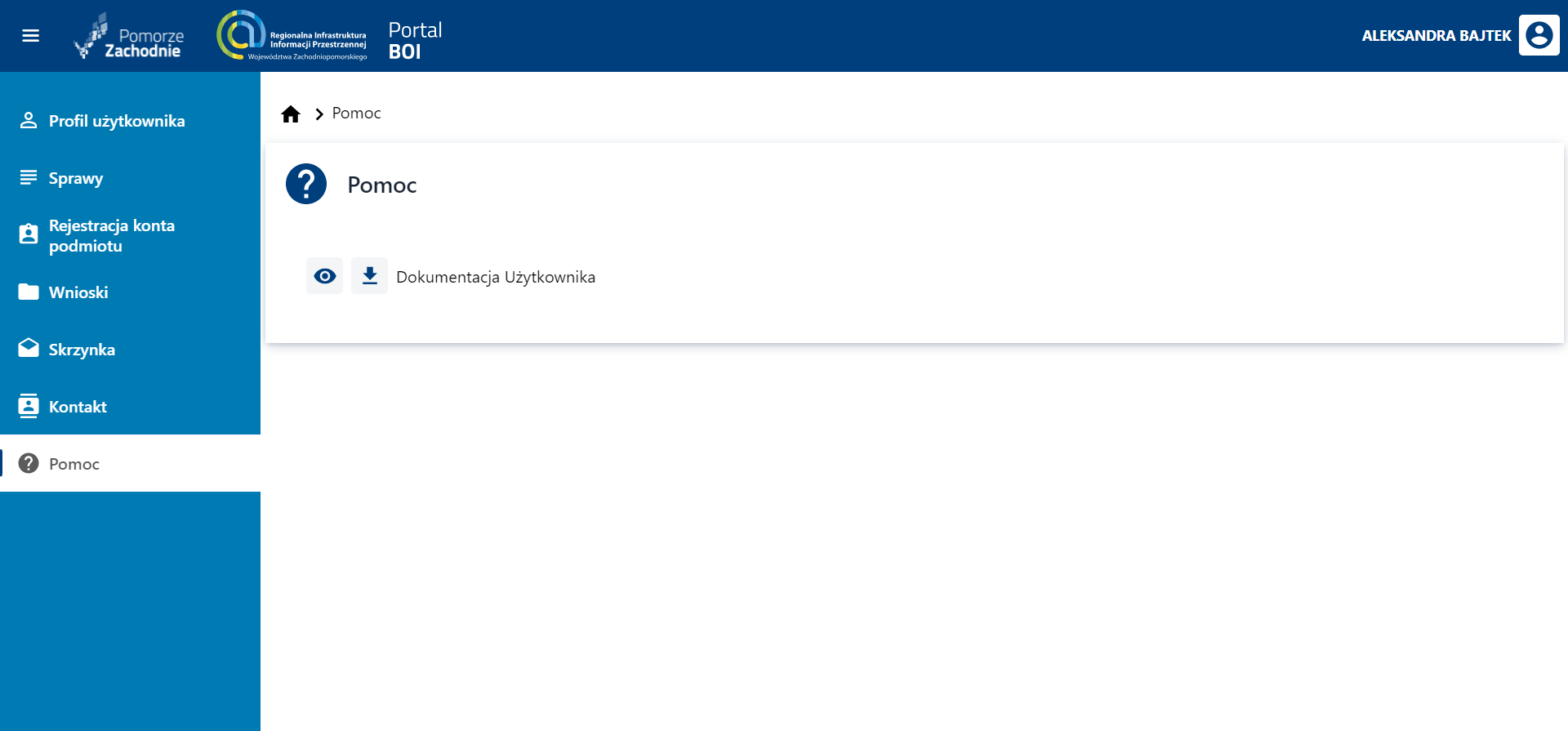 Pomoc – widok zakładki