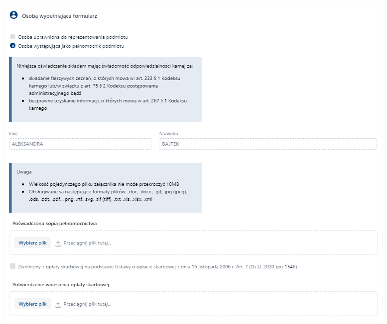 Formularz rejestracji konta podmiotu przez osobę będącą pełnomocnikiem podmiotu