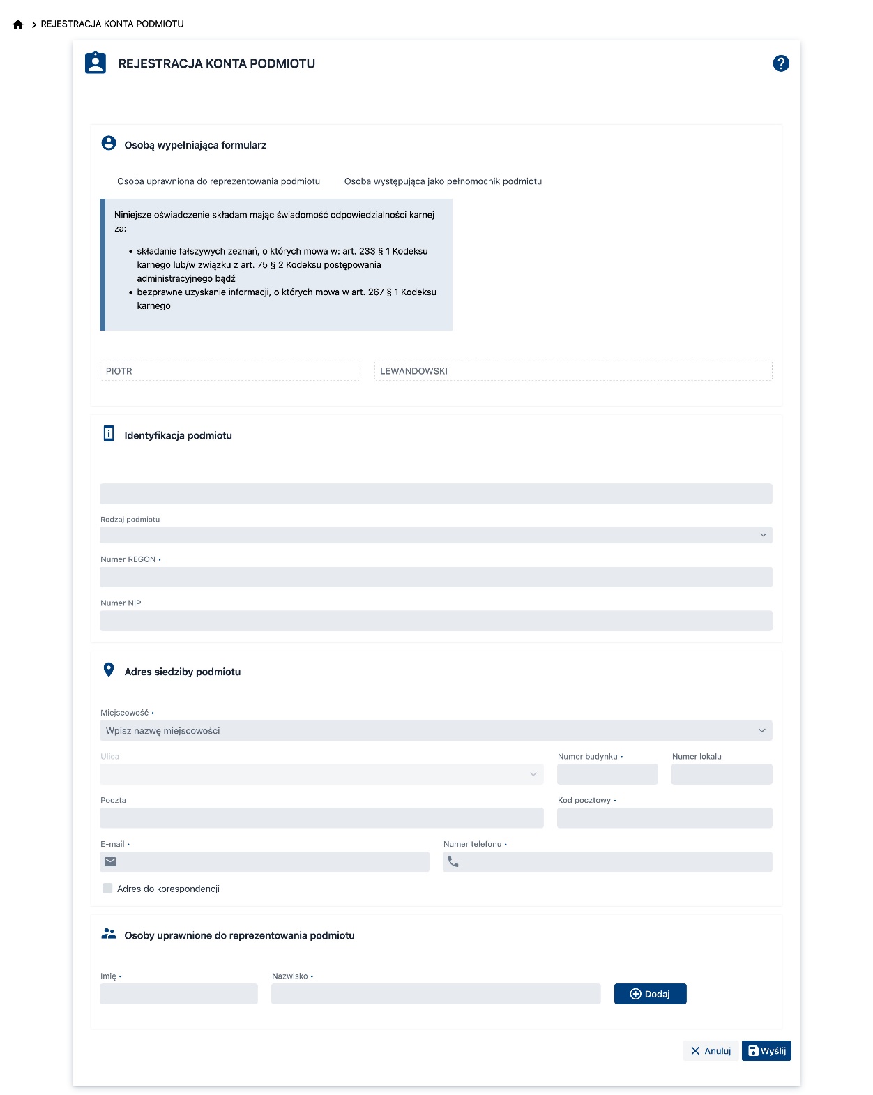 Rejestracja konta podmiotu