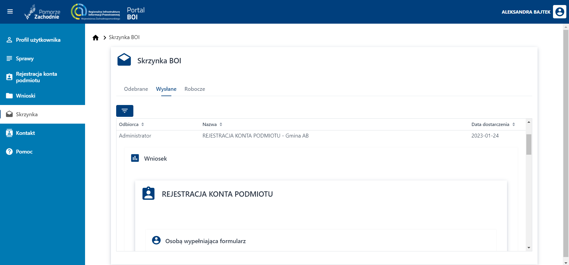 Skrzynka wiadomości wysłanych– informacja o rejestracji konta podmiotu