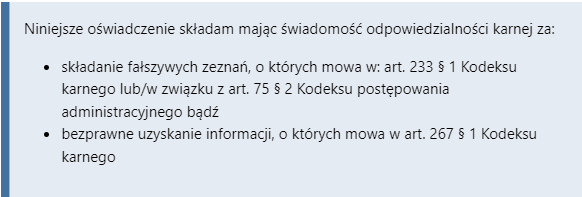 Oświadczenie użytkownika o odpowiedzialności karnej