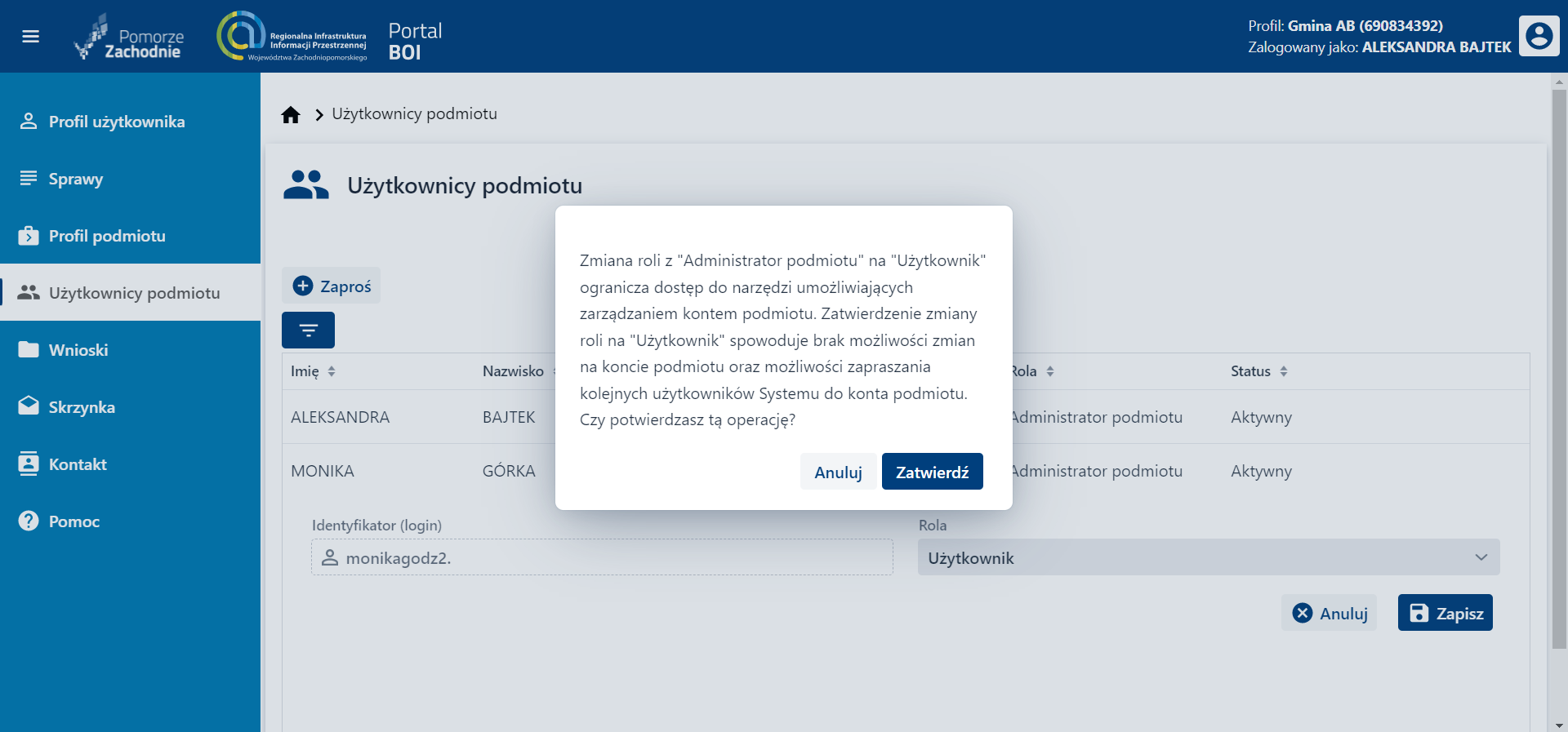 Komunikat przy ograniczaniu roli administratora podmiotu