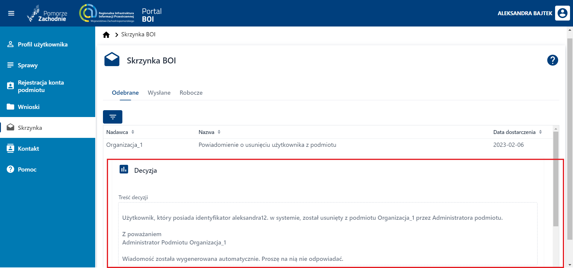 Usuwanie użytkownika – podgląd powiadomienia