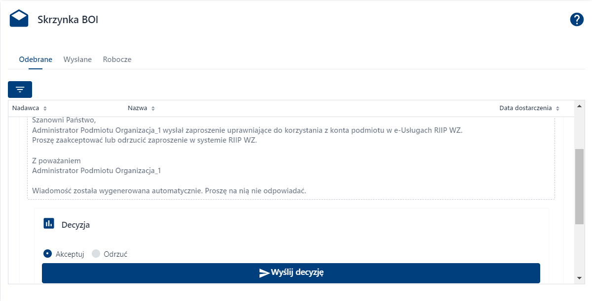 Skrzynka BOI – zaproszenie do korzystania z konta podmiotu