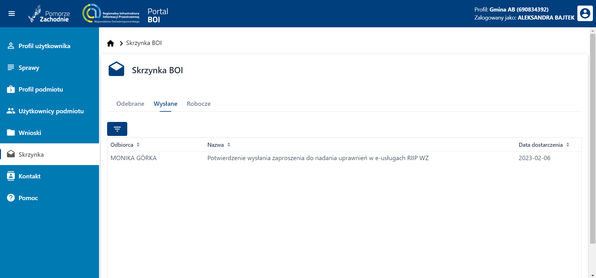 Skrzynka BOI – wysłane – treść zaproszenia