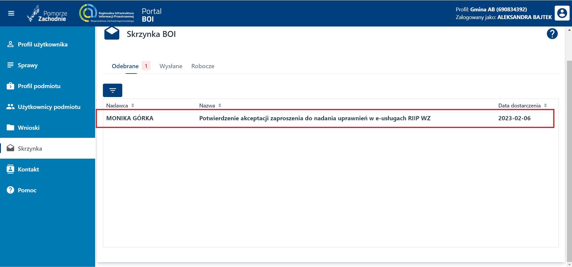 Skrzynka BOI – odebrane – potwierdzenie akceptacji zaproszenia