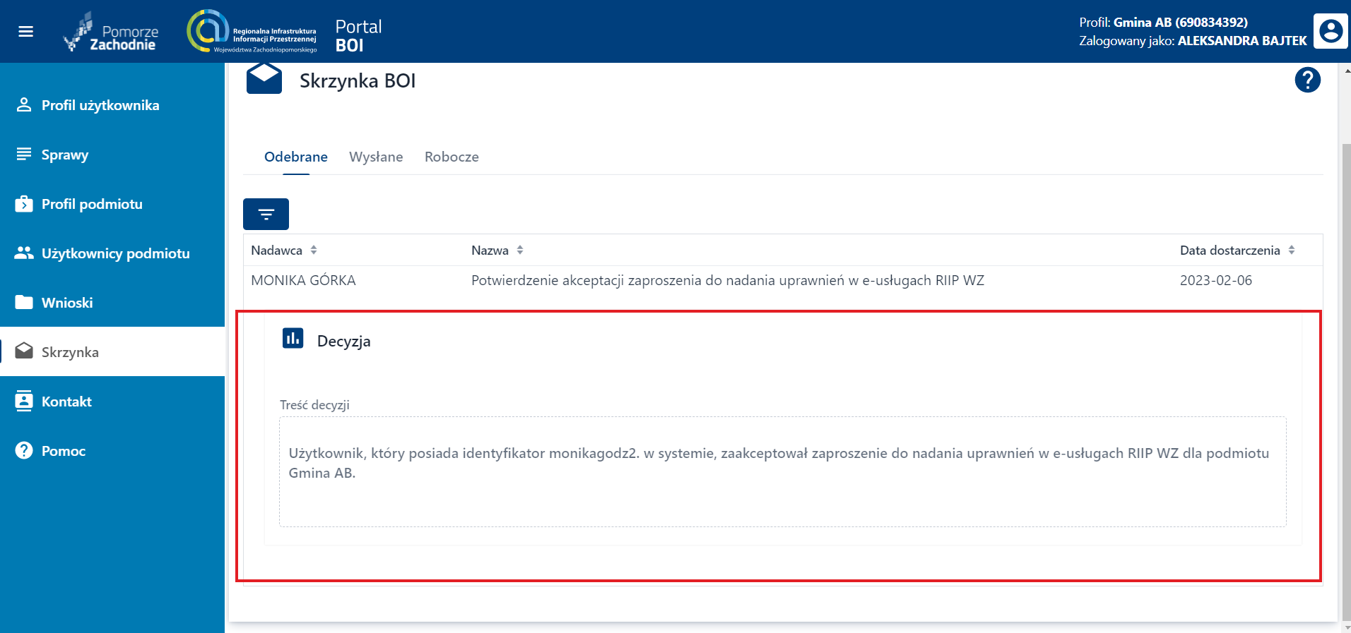 Skrzynka BOI – odebrane – podgląd potwierdzenia akceptacji zaproszenia