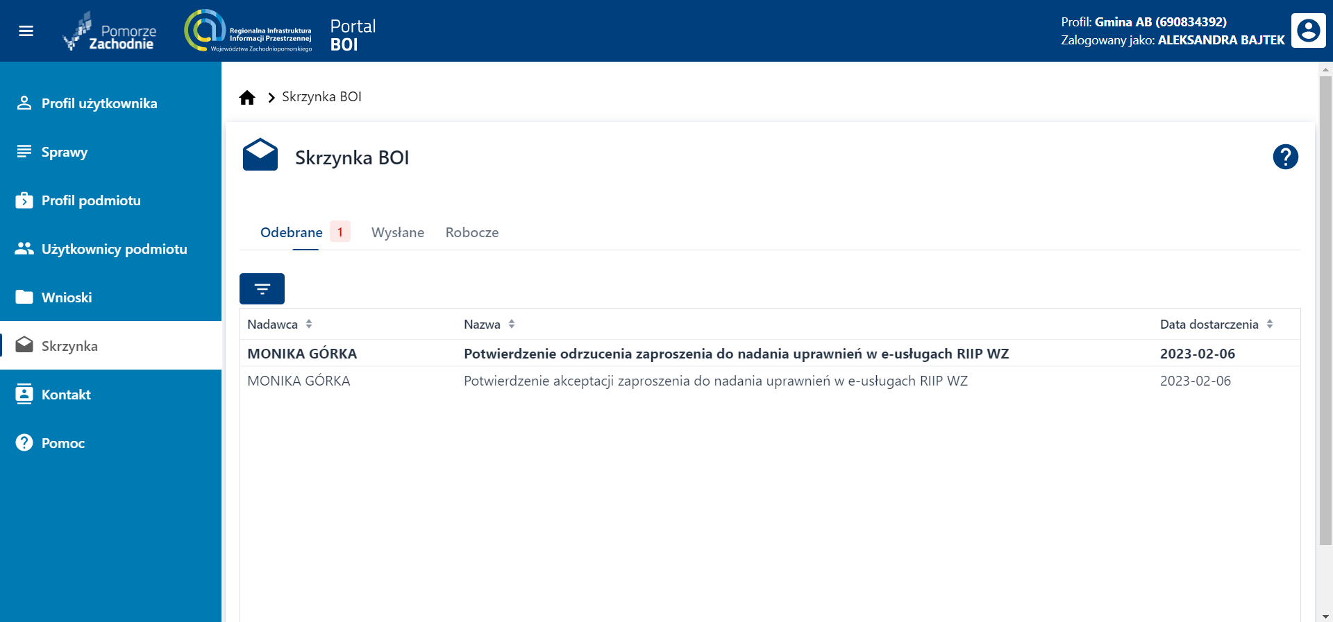 Skrzynka BOI – odebrane – odrzucenie zaproszenia