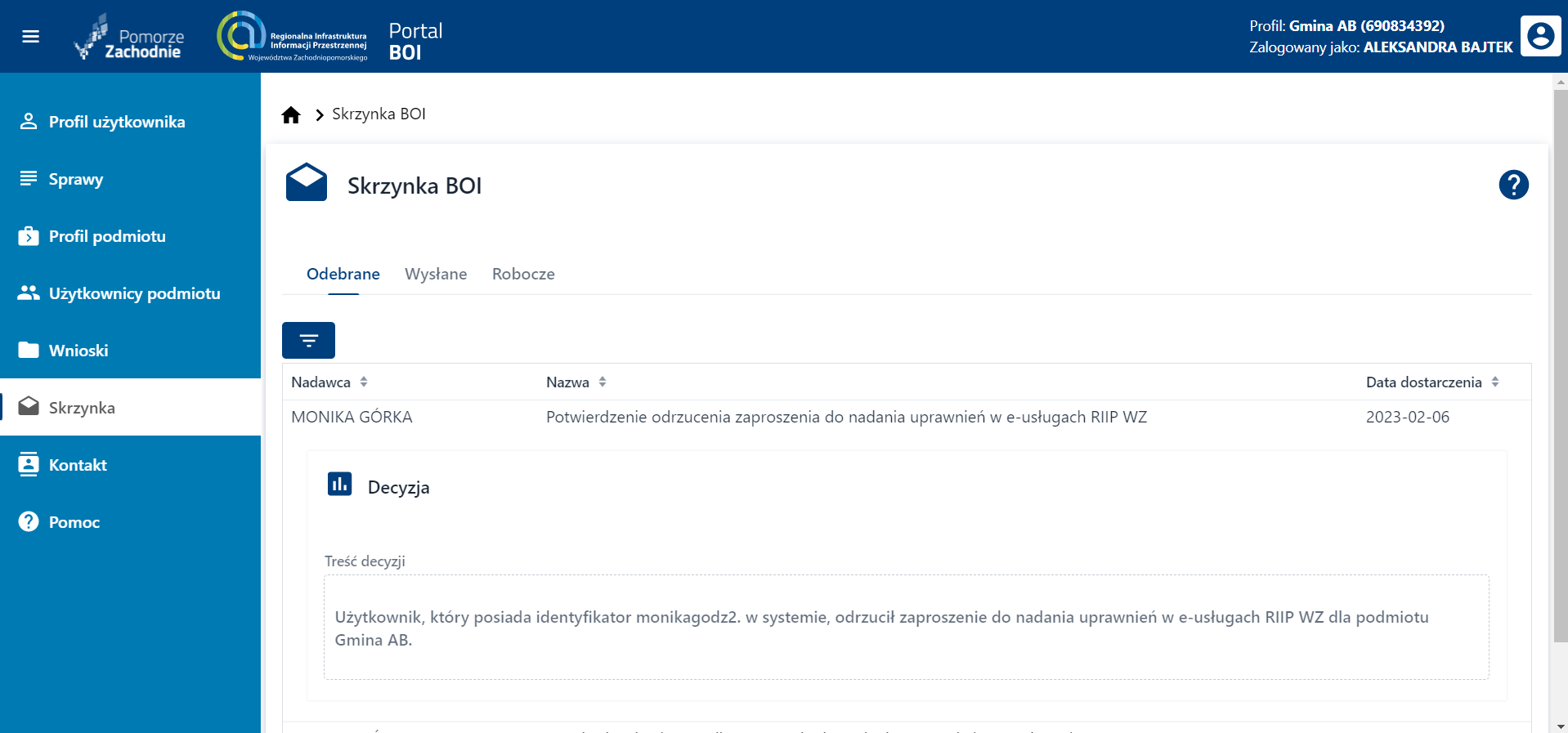 Skrzynka BOI – odebrane – podgląd odrzucenia zaproszenia