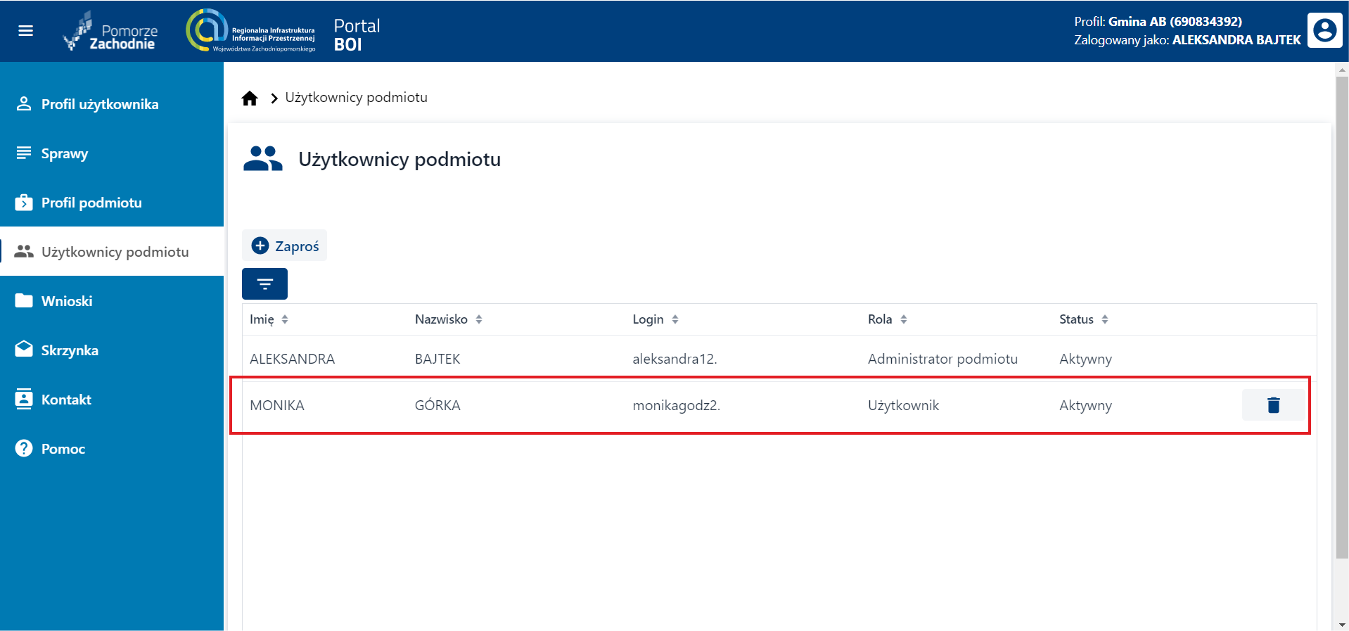 Lista użytkowników z aktualnym statusem po zatwierdzeniu zaproszenia