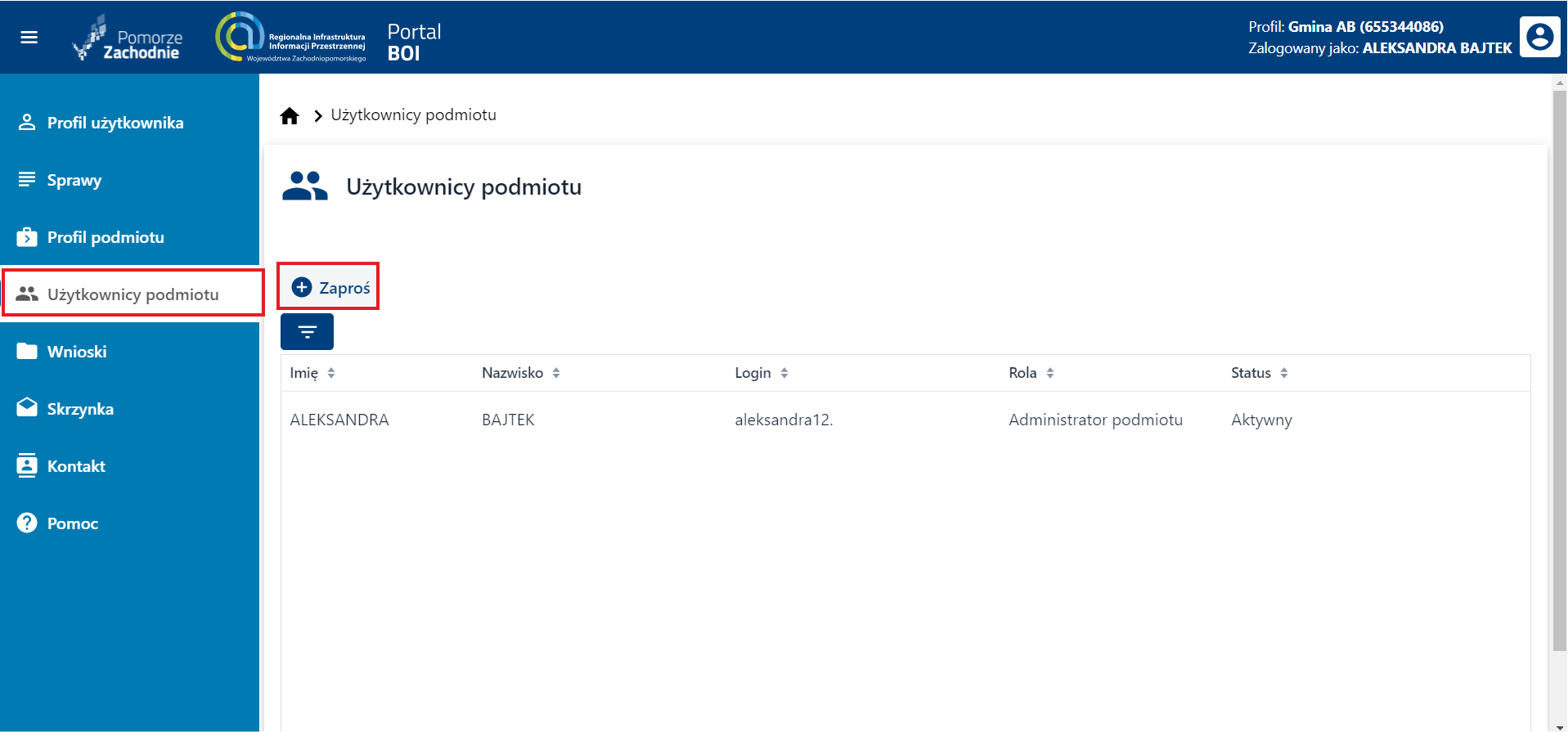 Profil podmiotu – zmiana danych