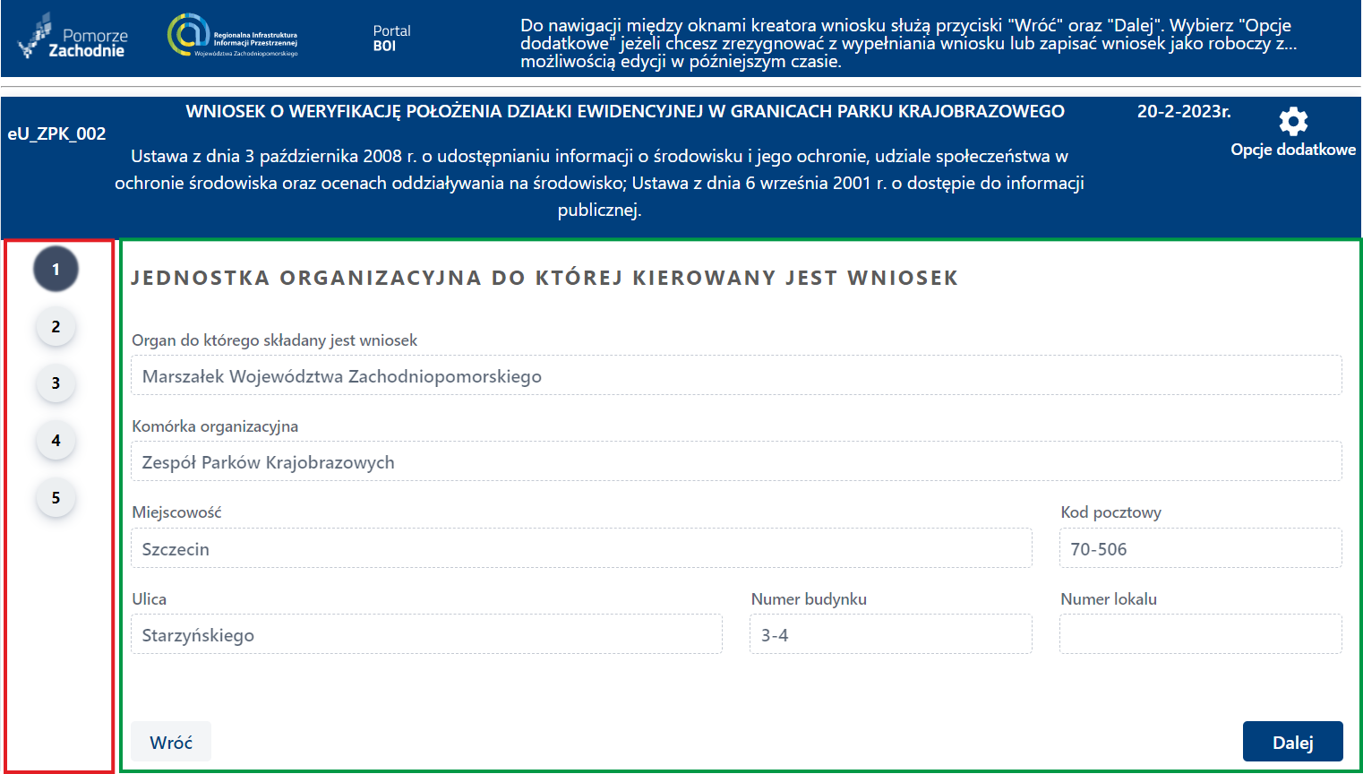 Wnioski - formularz i jego składowe