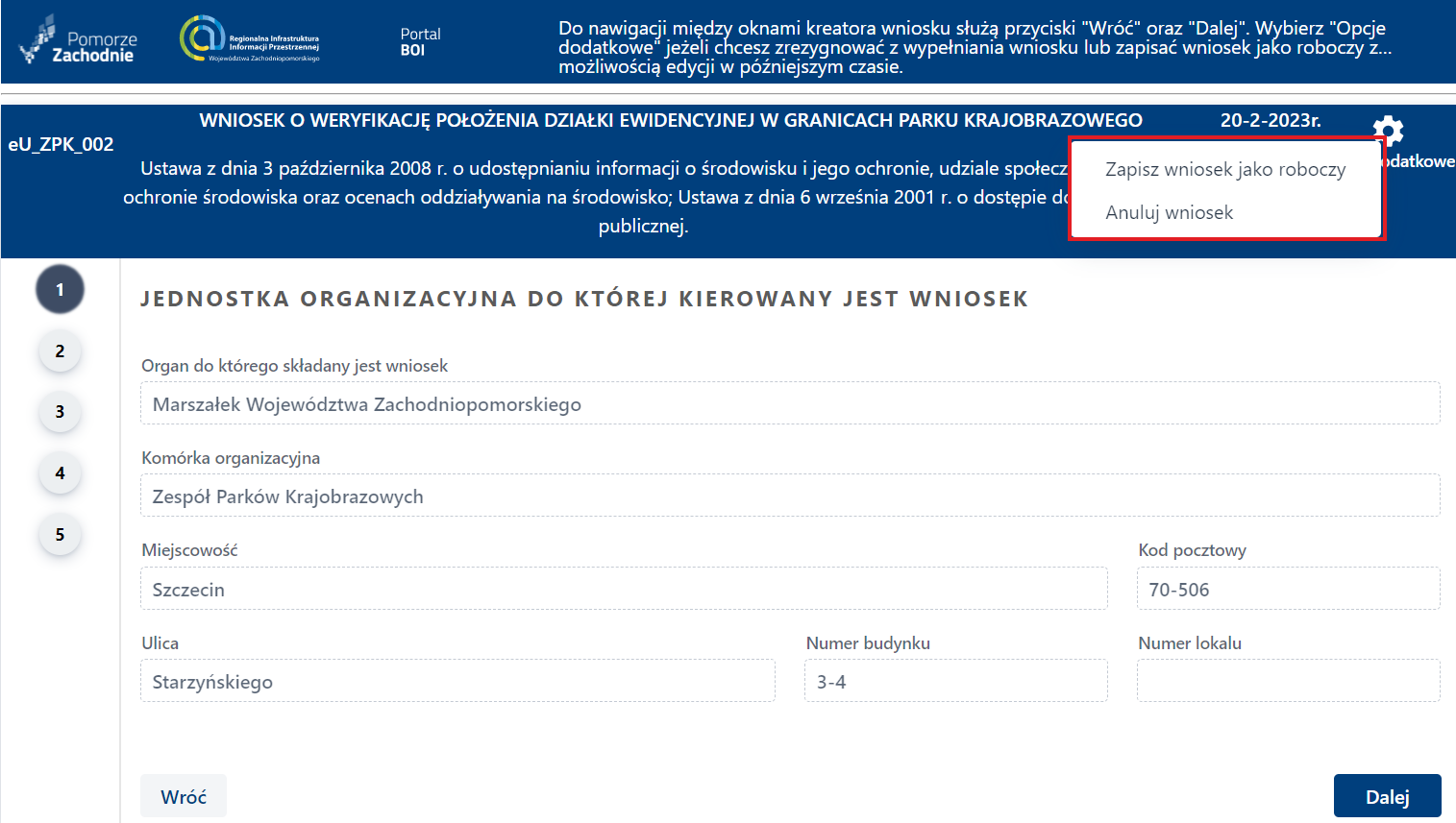 formularz wniosku - opcje dodatkowe