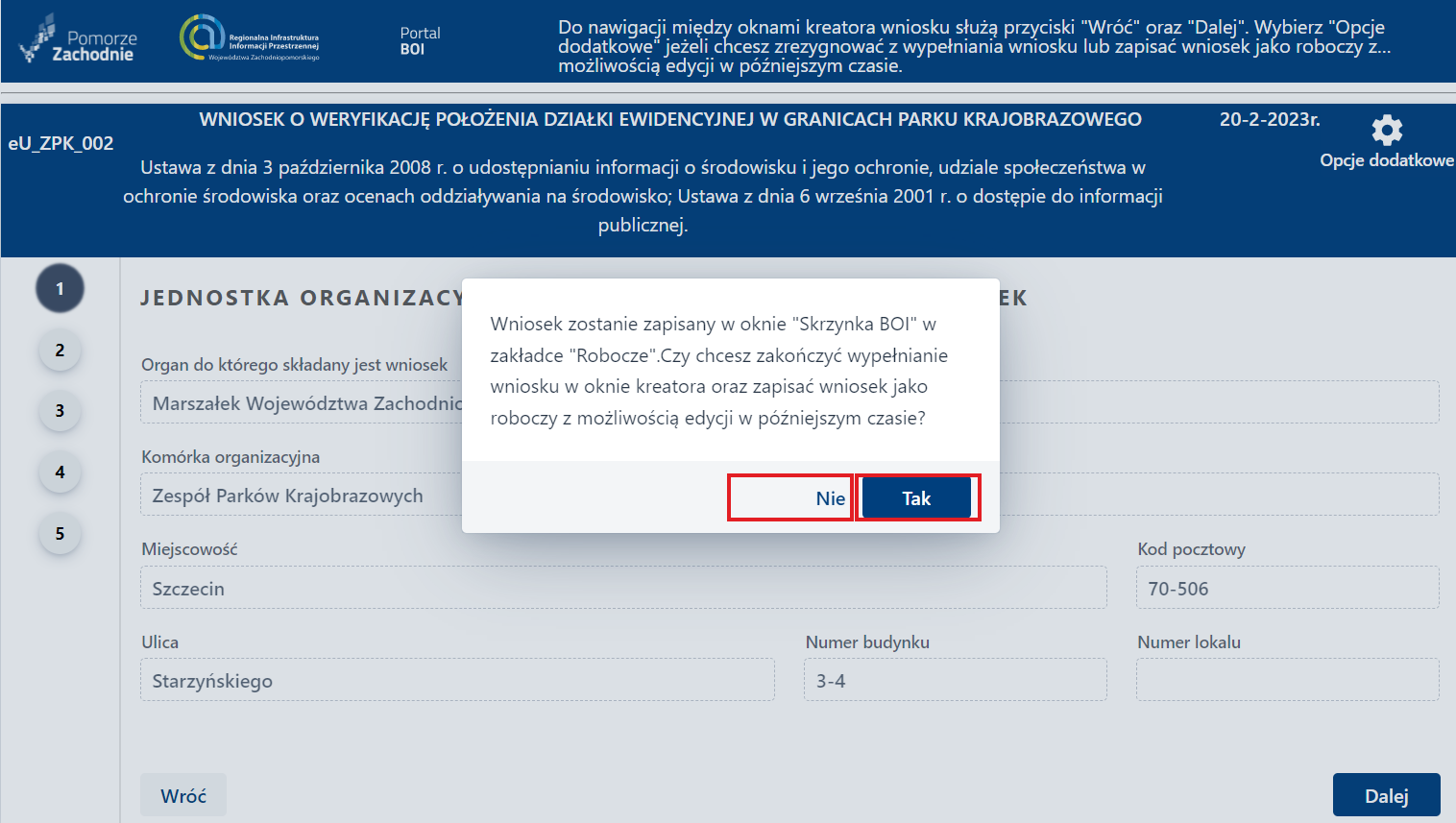 Formularz wniosku – zapisz jako roboczy