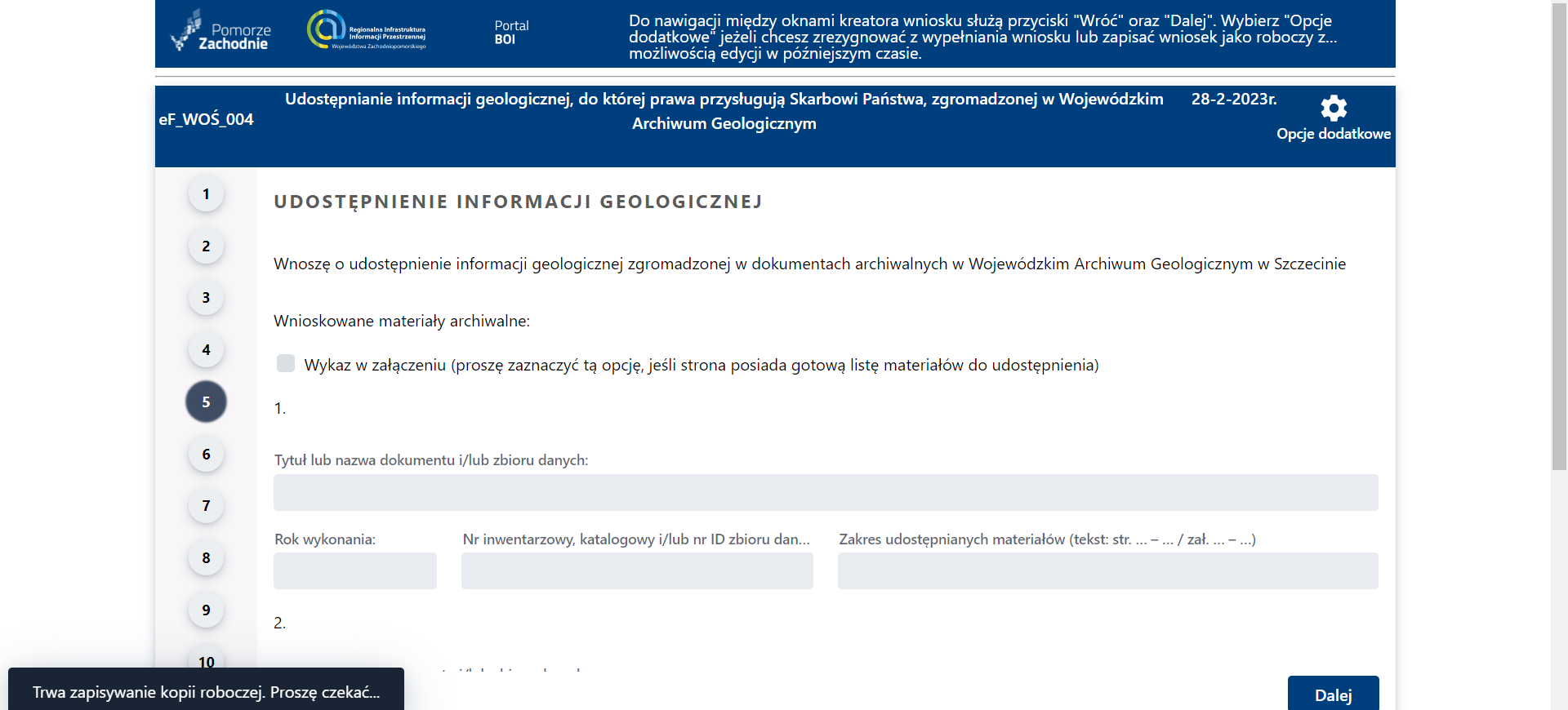 Formularz wniosku - Komunikat przy zapisie wniosku roboczego