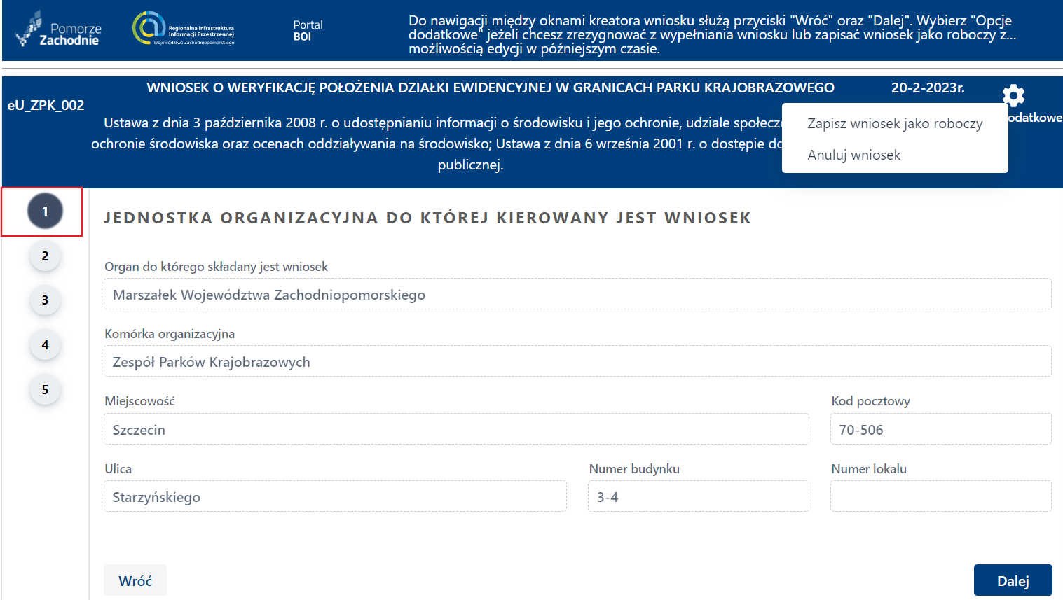 Formularz wniosku - panel boczny - etapy składania zamówienia