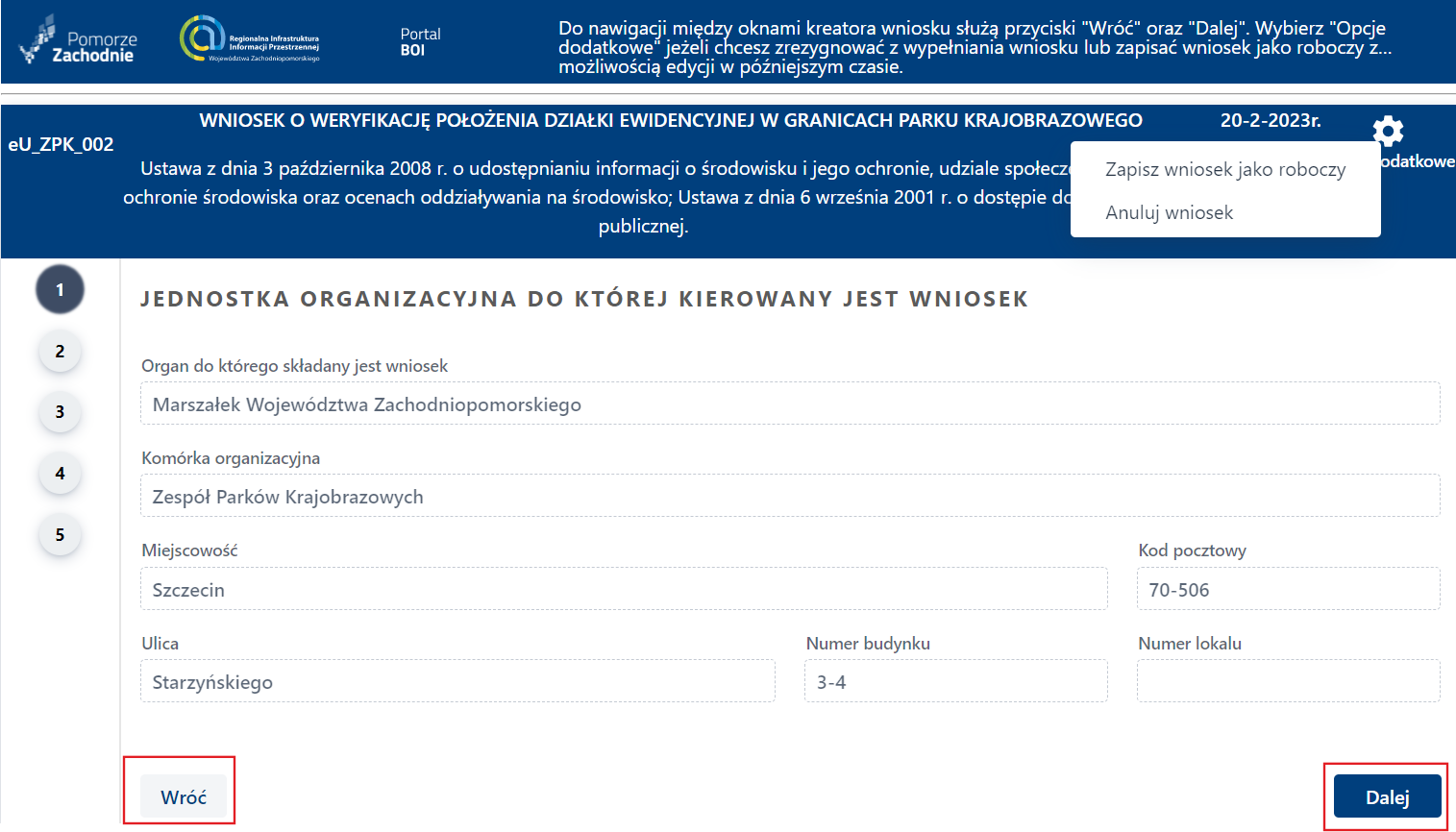 Formularz wniosku - nawigacja po formularzu