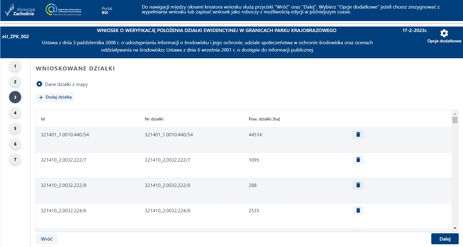 Zidentyfikuj obszar – Widok formularza – wyselekcjonowane działki