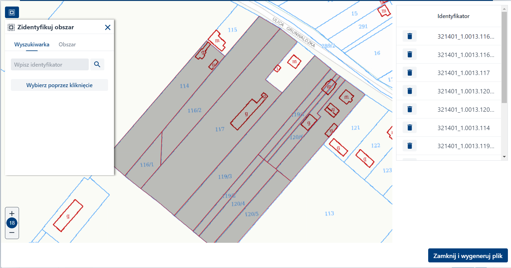 Zidentyfikuj obszar – zakładka Obszar – selekcja prostokątem