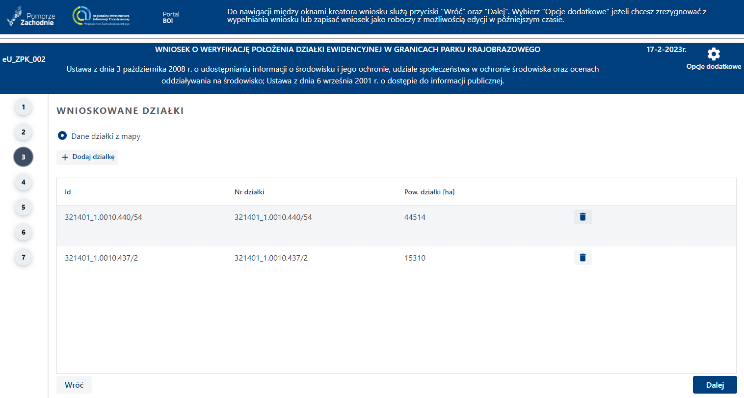 Widok formularza z wybranymi wcześniej obiektami