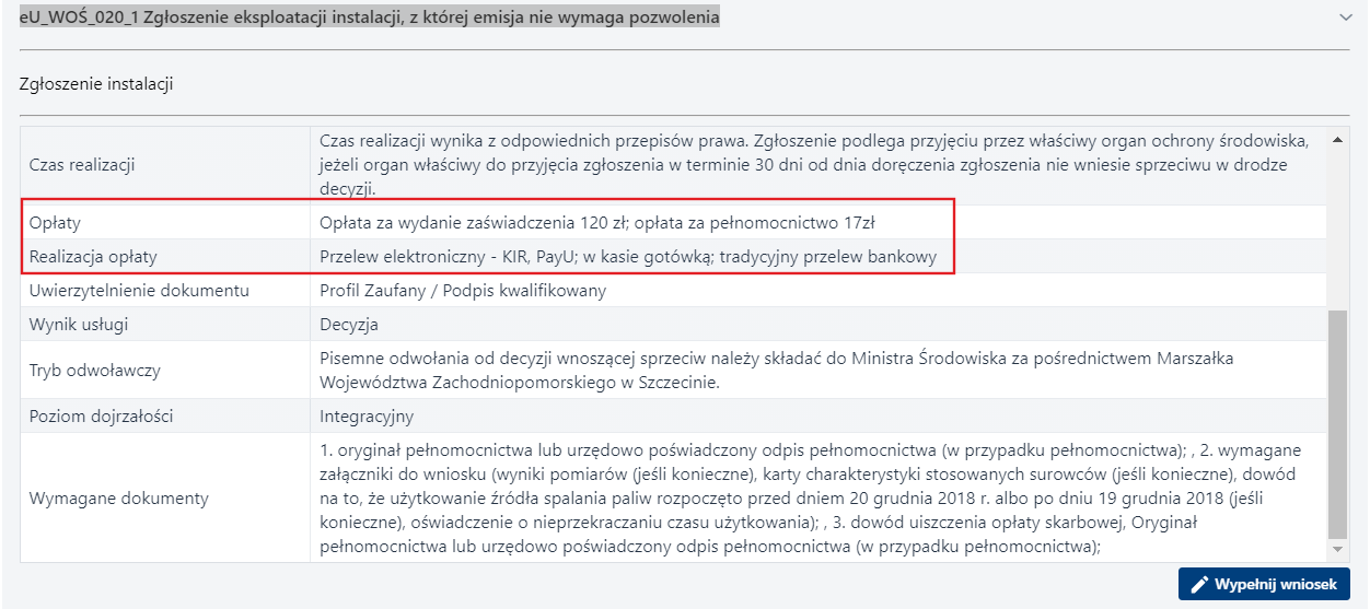 Wniosek wymagający opłaty – przykład