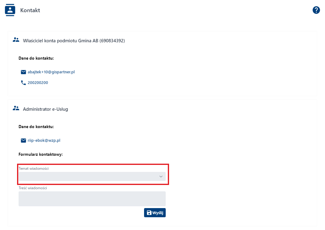 Kontakt z administratorem – temat wiadomości