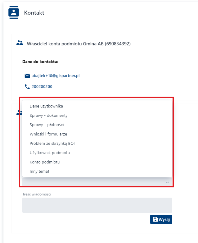 Kontakt z administratorem – temat wiadomości – lista rozwijalna