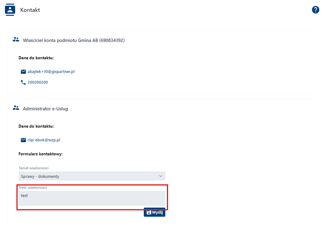 Kontakt z administratorem – treść wiadomości