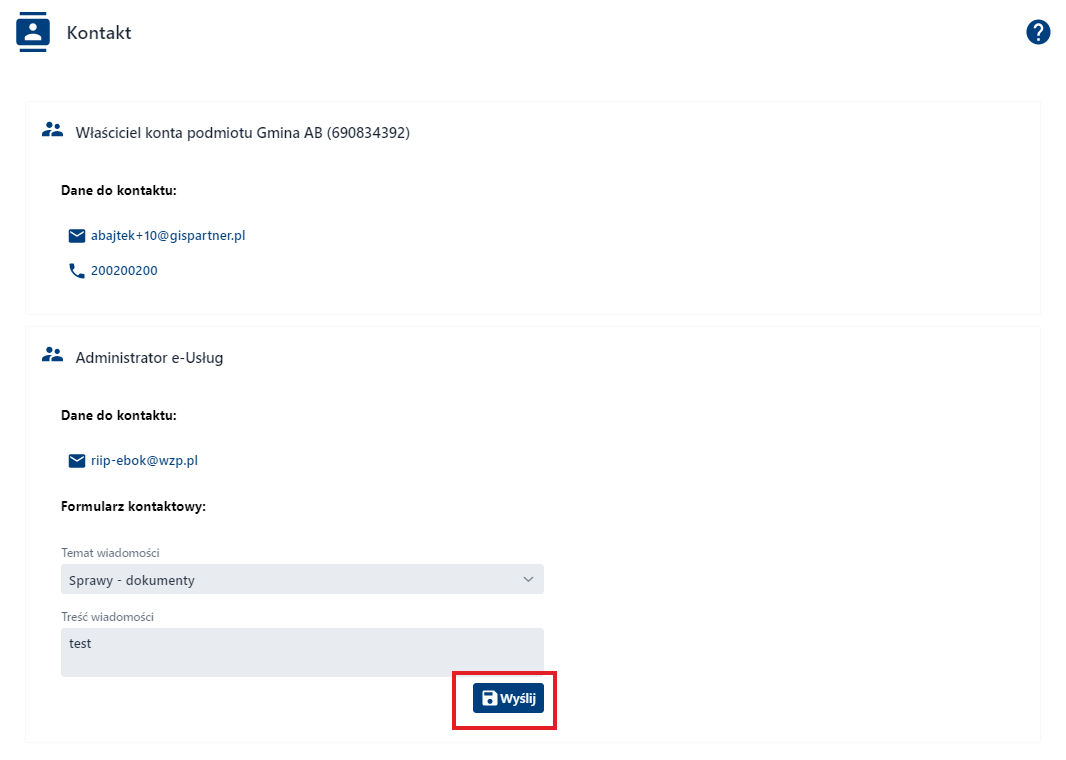 Kontakt z administratorem – ‘Wyślij’