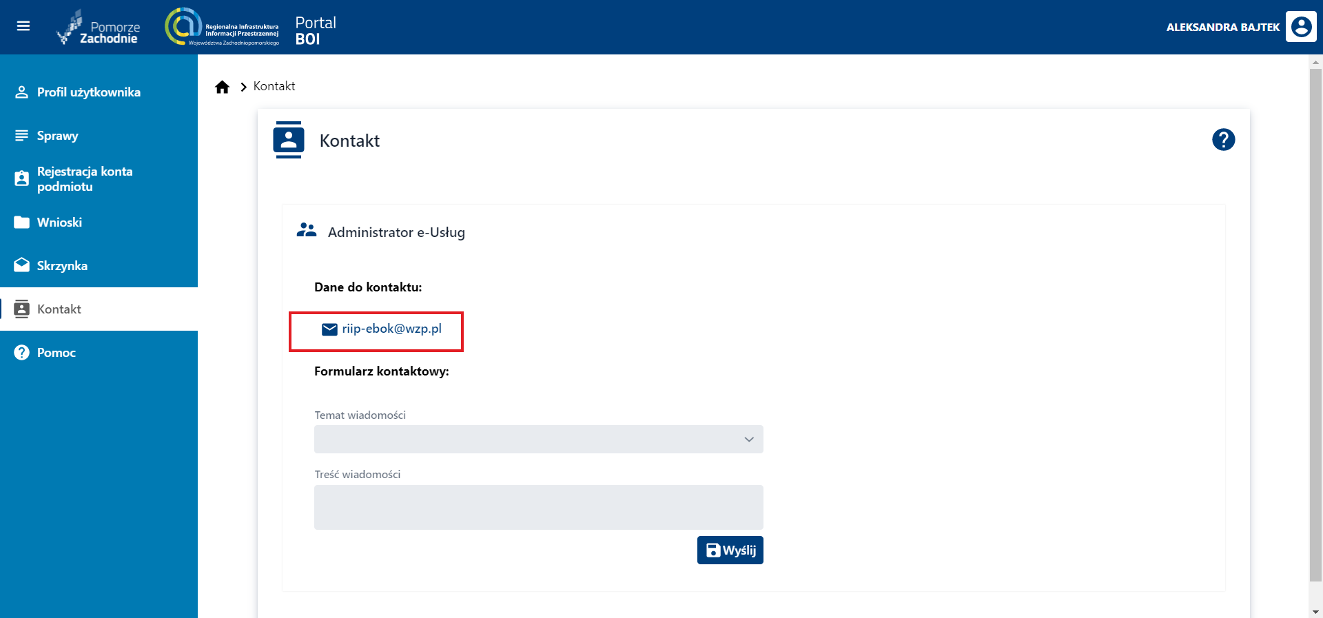Kontakt z administratorem – wiadomość e-mail