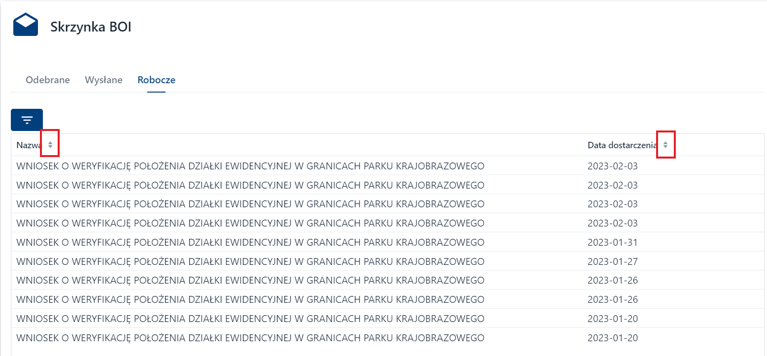 Moje zamówienia - dokumenty robocze - sortowanie