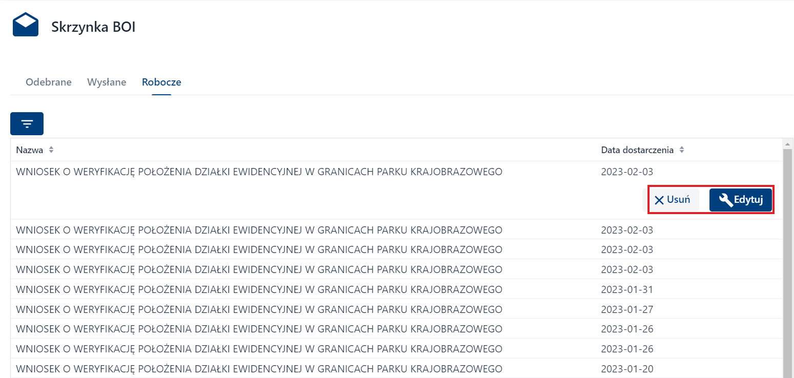 Moje zamówienia - dokumenty robocze - edycja/usuwanie