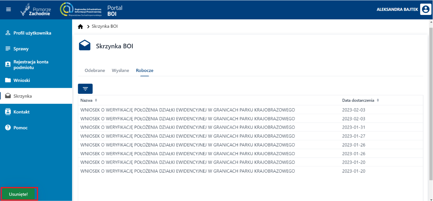 Moje zamówienia - dokumenty robocze – potwierdzenie usunięcia