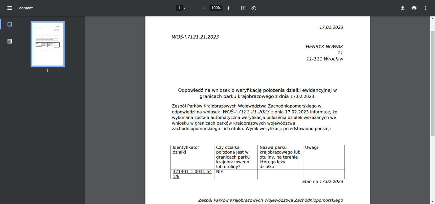 Odpowiedź z EZD PUW ws. złożonego wniosku – podgląd załącznika