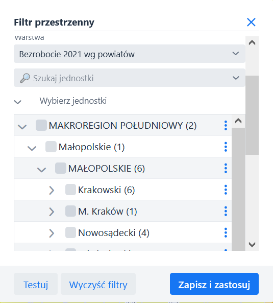 Filtr przestrzenny – Wybierz jednostki
